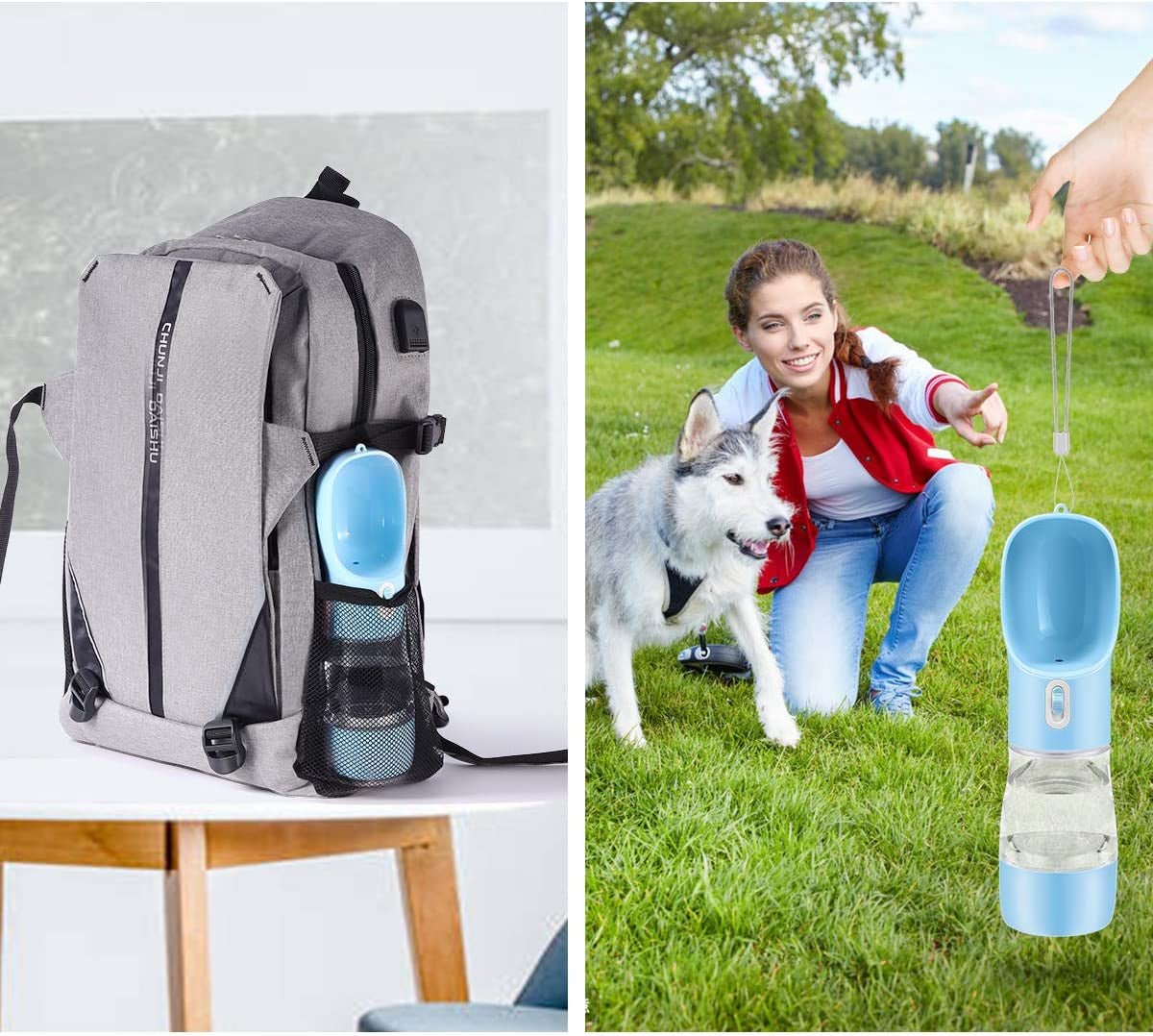 ChatGPT said:  Portable Dog Water Bottle – Leak-Proof Pet Drinking Dispenser for Dogs & Cats, Ideal for Walking, Traveling & Hiking (Blue, 258ml)