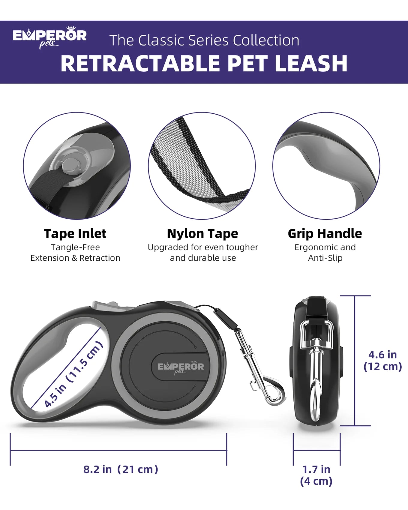 16FT Retractable Dog Leash – Heavy Duty Leash for Large Dogs up to 110 lbs (Gray, GY16-50)