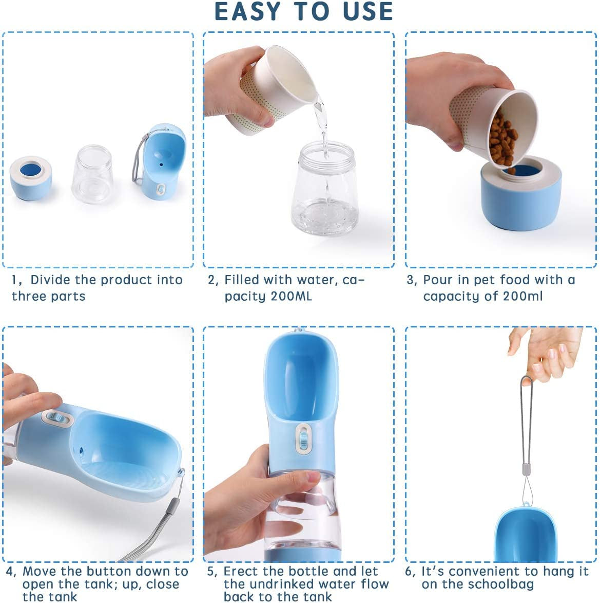 ChatGPT said:  Portable Dog Water Bottle – Leak-Proof Pet Drinking Dispenser for Dogs & Cats, Ideal for Walking, Traveling & Hiking (Blue, 258ml)