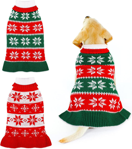 2-Pack Dog Christmas Sweater Dress – Warm Knit Pullover with Snowflakes & Festive Flowers (Size S)
